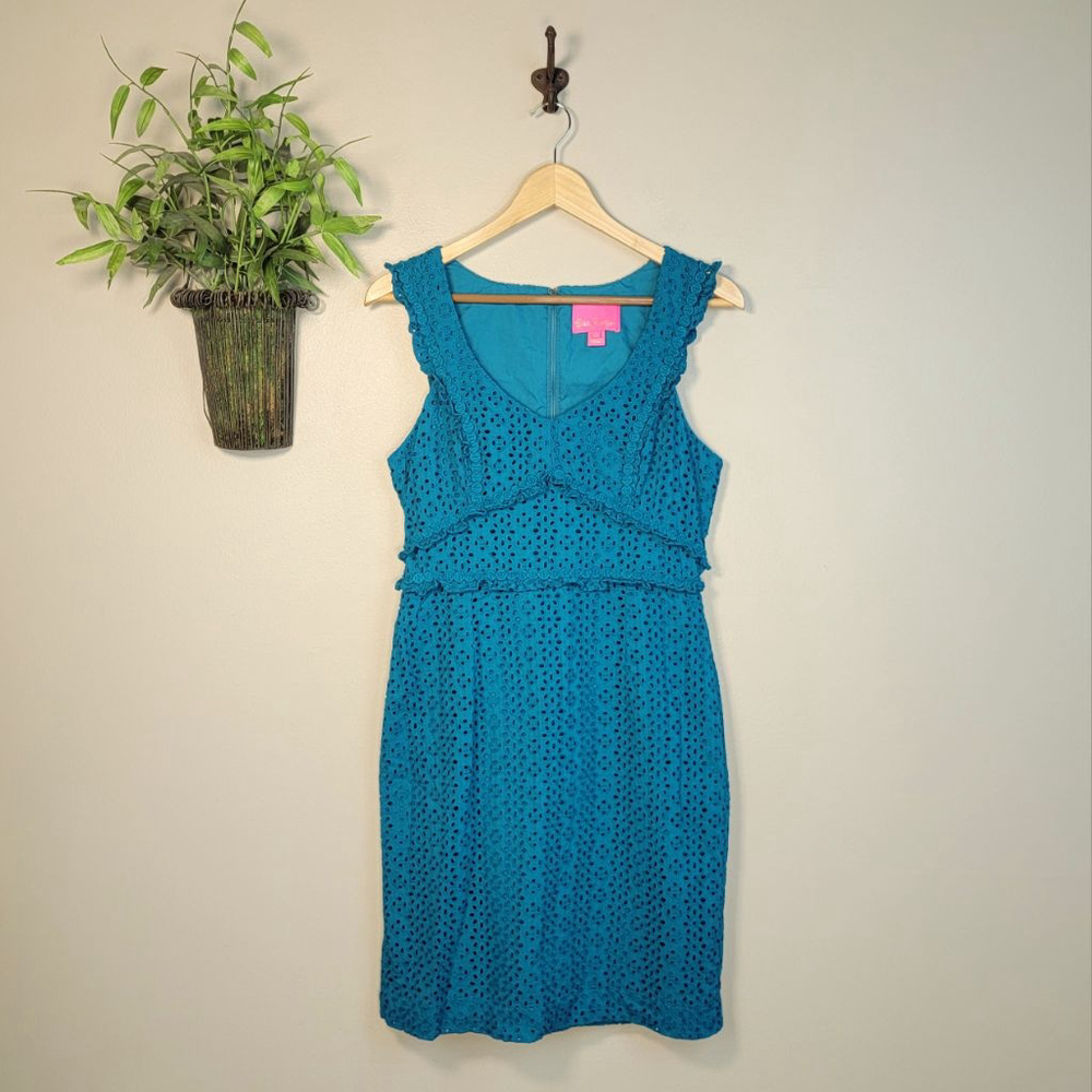 Lilly Pulitzer 6 Kaylee Shift Dress Eyelet Sleeveless Tanzanian Teal Midi Ruffle